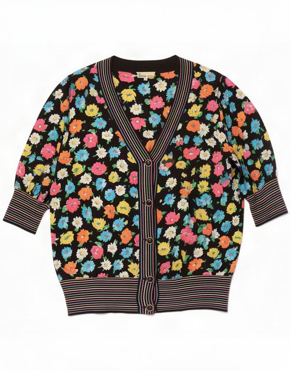 Top cardigan vintage da donna a mezza manica IT 46 Large nero floreale in seta retrò