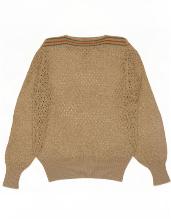 Maglione vintage da donna con scollo a barca UK 14 a righe beige medio