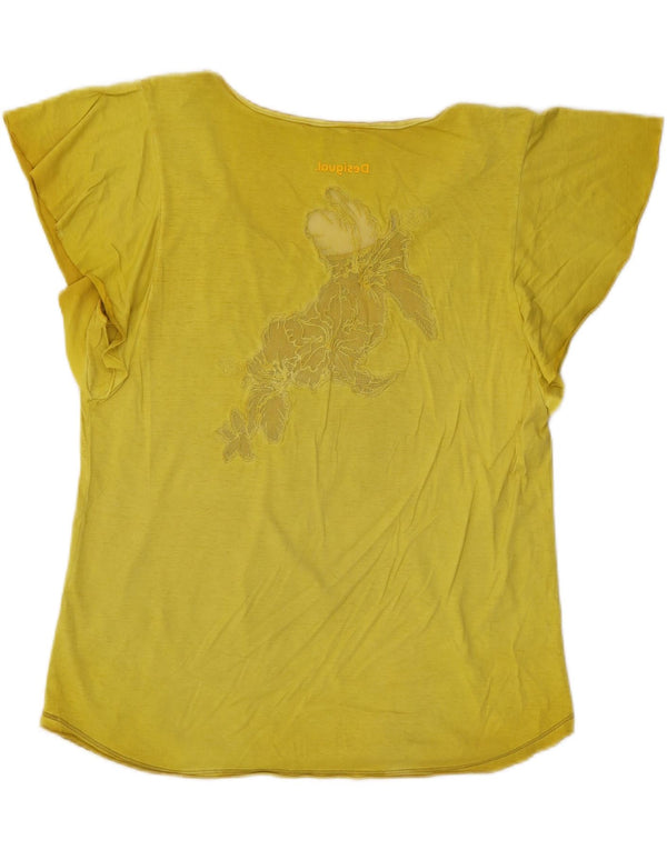 Desigual T-shirt grafica da donna Top UK 16 grande giallo floreale