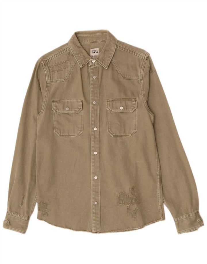 Camicia Zara da uomo in denim dalla vestibilità comoda e invecchiata, piccola, in cotone kaki
