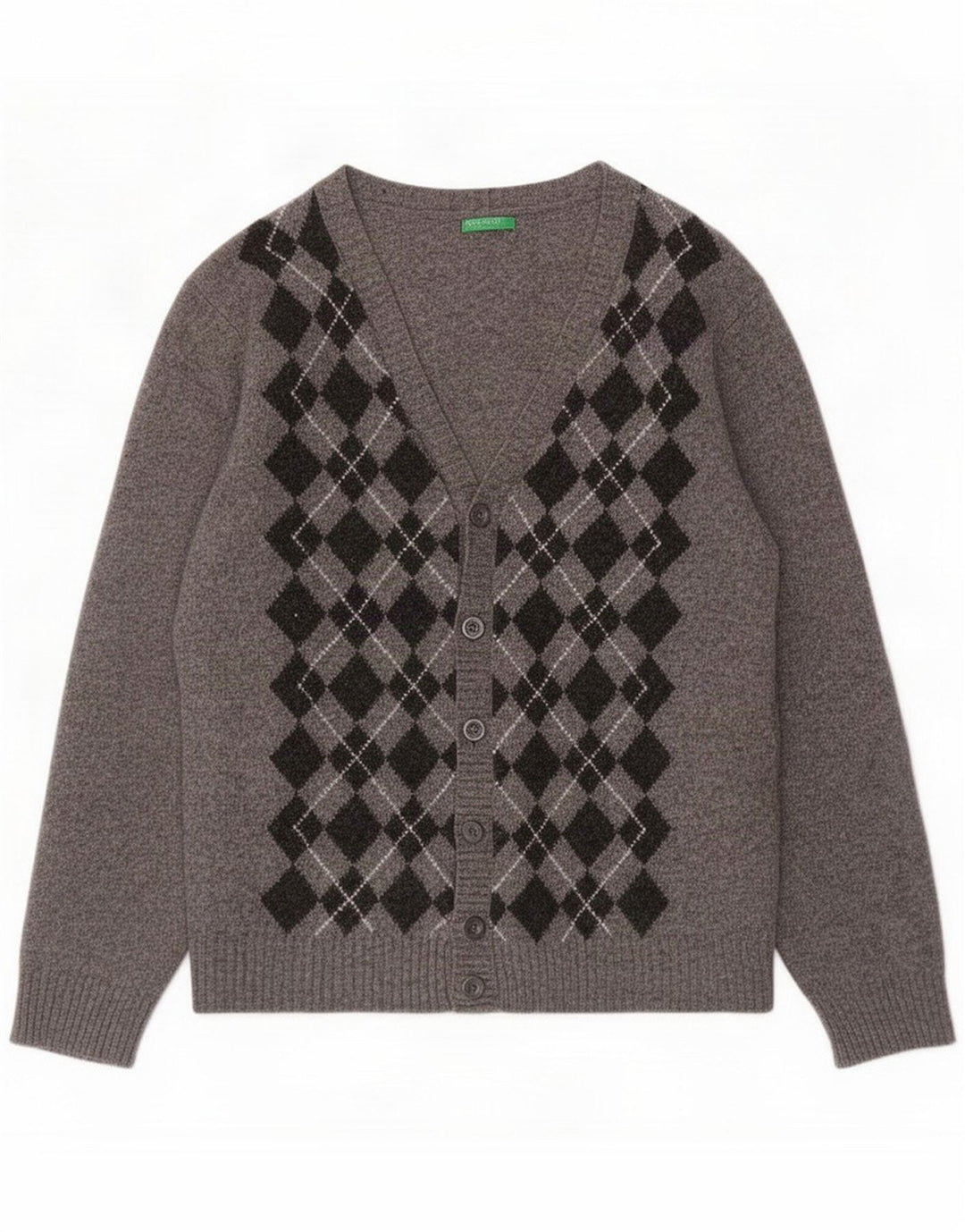 Maglione cardigan da uomo Benetton in lana a rombi/diamante grigio medio