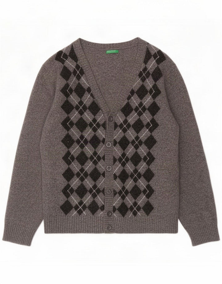 Maglione cardigan da uomo Benetton in lana a rombi/diamante grigio medio
