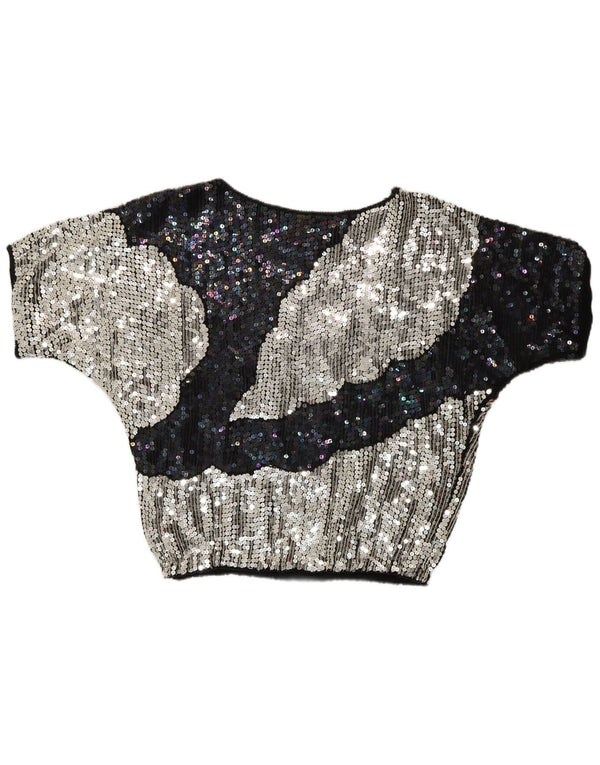 Camicetta vintage da donna con paillettes da sera, top UK 10, piccola, multicolore