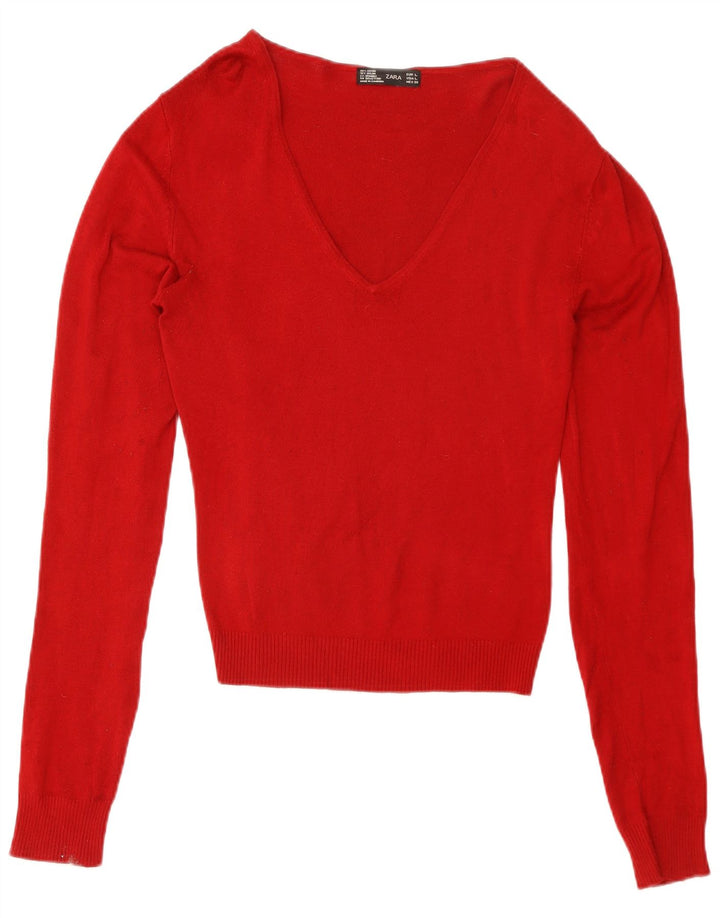 Maglione da donna con scollo a V Zara UK 14 grande rayon rosso