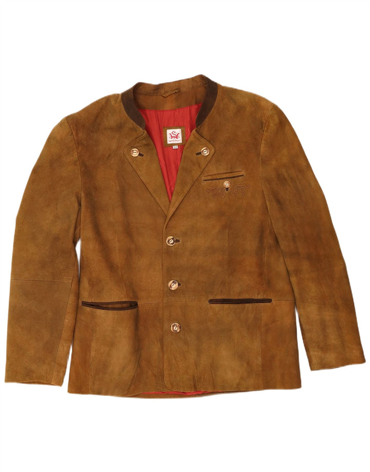 Spieth & Wensky Giacca blazer in pelle scamosciata da uomo Trachten a 3 bottoni EU 52 XL Beige