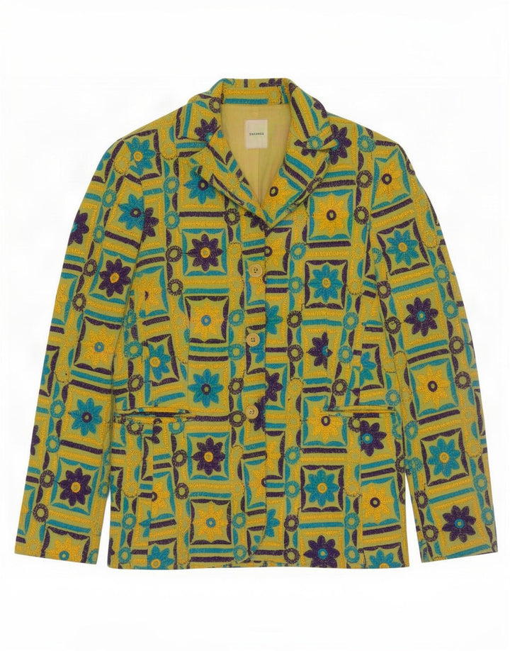 Giacca blazer vintage da donna a 3 bottoni UK 12 giallo medio floreale
