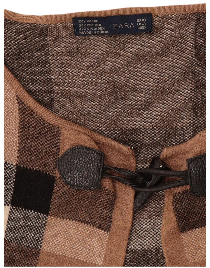 Maglione cardigan da donna Zara UK 16 lana a quadri marroni grandi