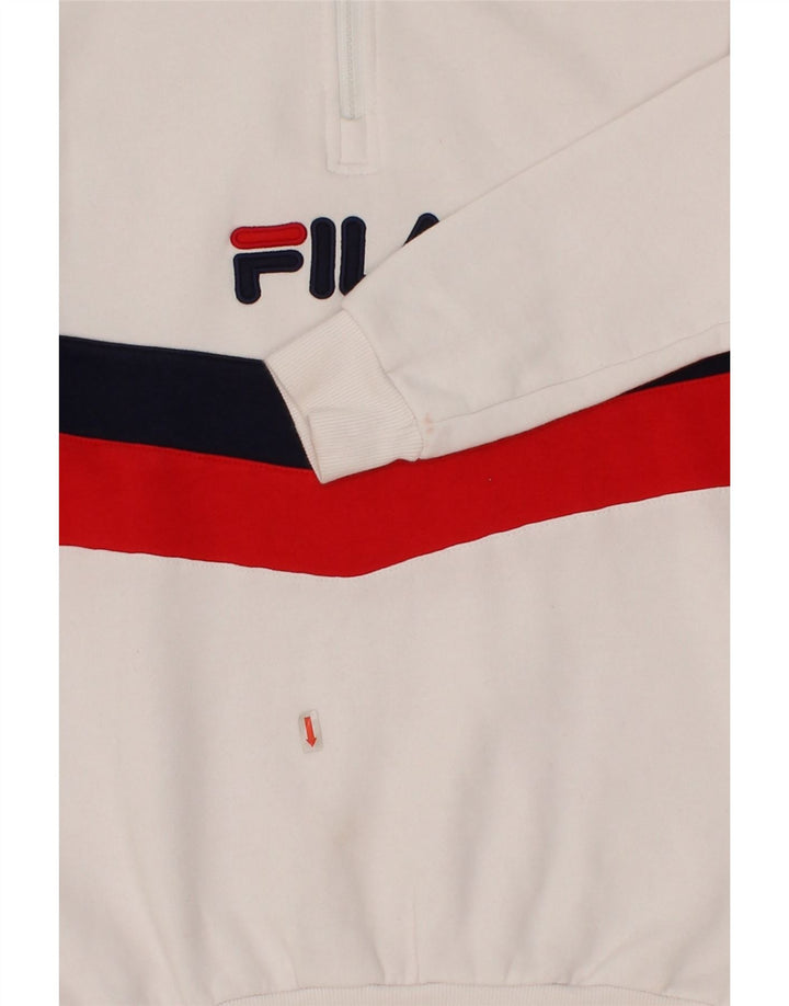FILA Womens Oversized Graphic Zip Neck Sweatshirt Jumper UK 2 2XS White Vintage Fila and Second-Hand Fila from Messina Hembry 