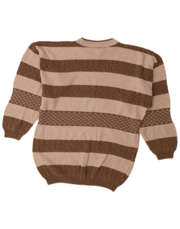 Maglione maglione girocollo oversize da donna vintage UK 10 piccolo a righe marroni