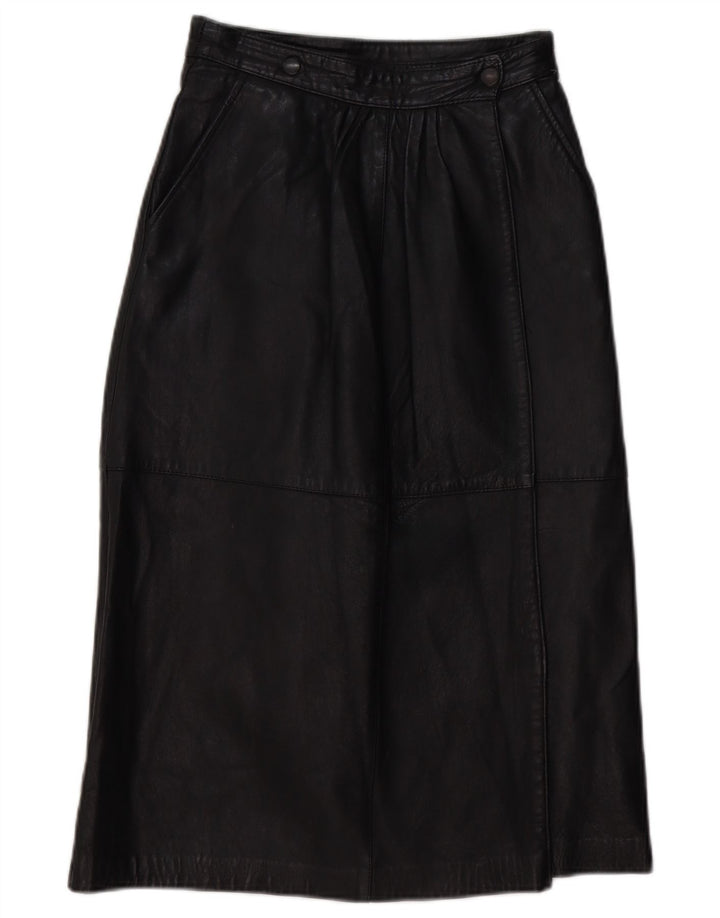 Gonna in pelle vintage da donna UK 10 piccola W26 nera
