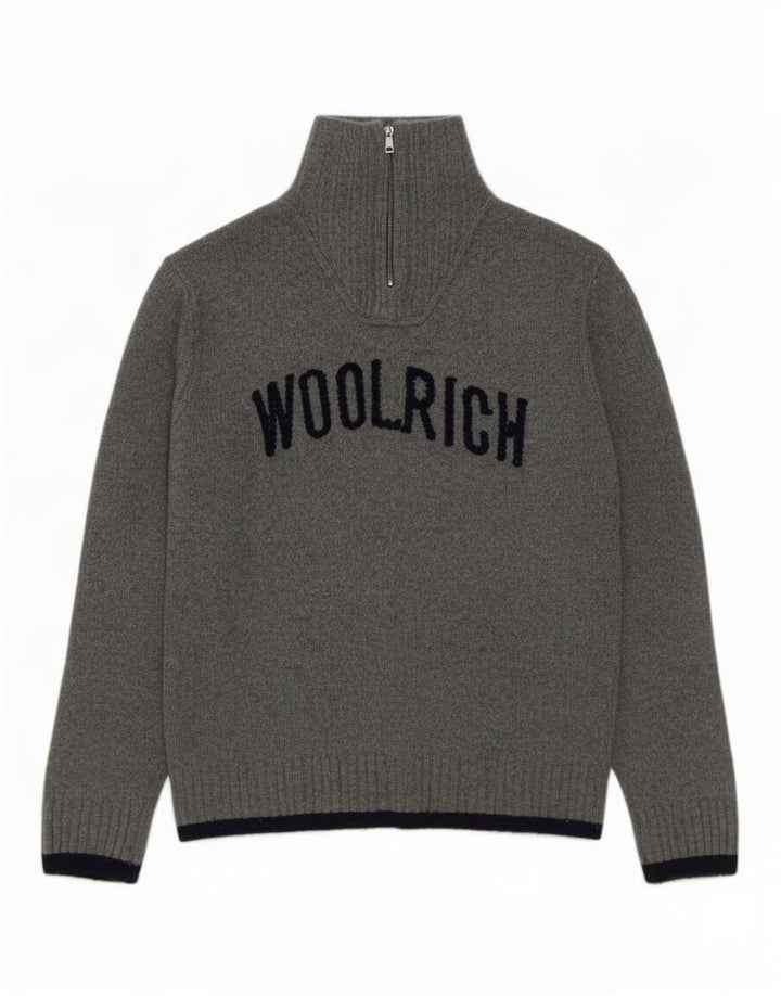 Maglione da uomo Woolrich con zip grafica e collo XL in lana grigia