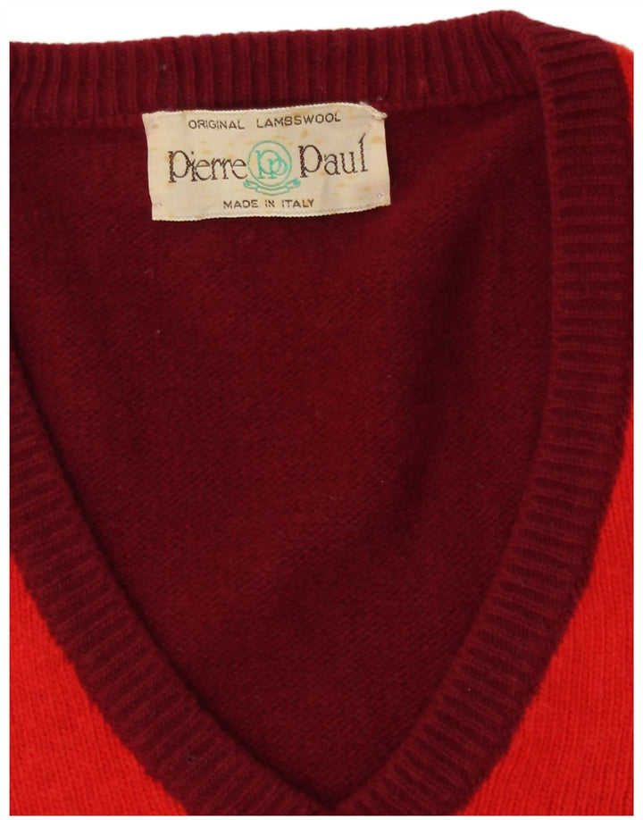 Maglione vintage da uomo con scollo a V, lana d'agnello media bordeaux a rombi/diamanti