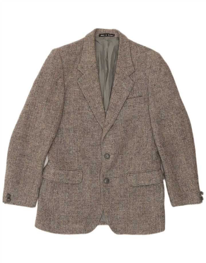 Giacca blazer a 2 bottoni da uomo Harris Tweed UK 36 piccola spina di pesce grigia