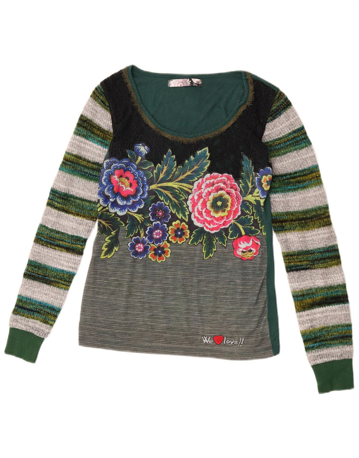 Desigual Womens Graphic Top manica lunga UK 12 Poliestere floreale verde medio