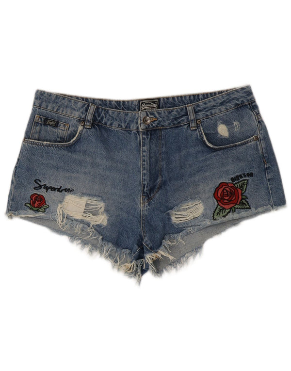 Pantaloncini di jeans invecchiati da donna Superdry W32 grande cotone floreale blu