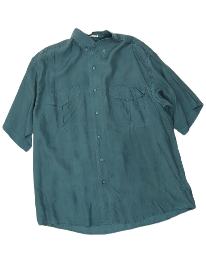 Camicia ampia da uomo a maniche corte VINTAGE in seta verde medio