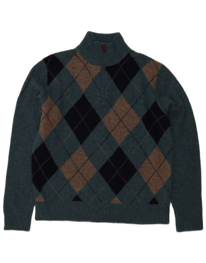 J. Crew Maglione da uomo con zip e collo in lana d'agnello blu medio a rombi/diamanti