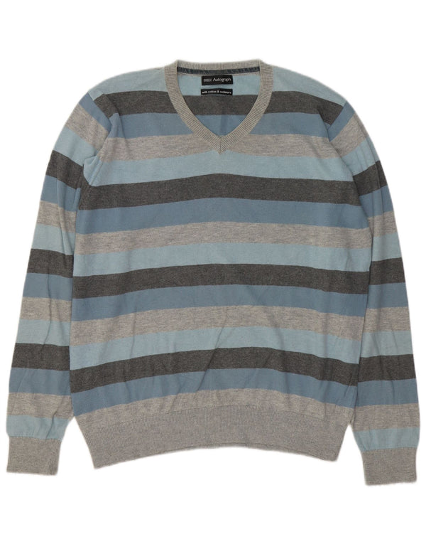 Maglione da uomo con scollo a V autografo Marks & Spencer a righe grandi grigie