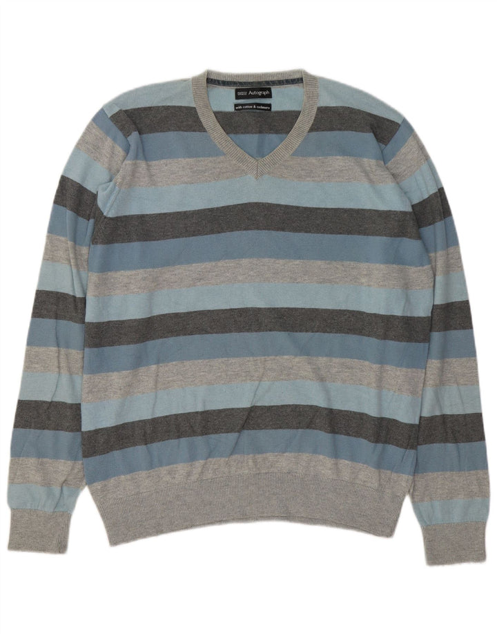 Maglione da uomo con scollo a V autografo Marks & Spencer a righe grandi grigie