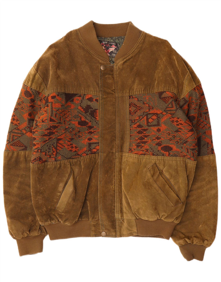 Giubbotto bomber in pelle scamosciata vintage da uomo UK 44 2XL Cachi geometrico