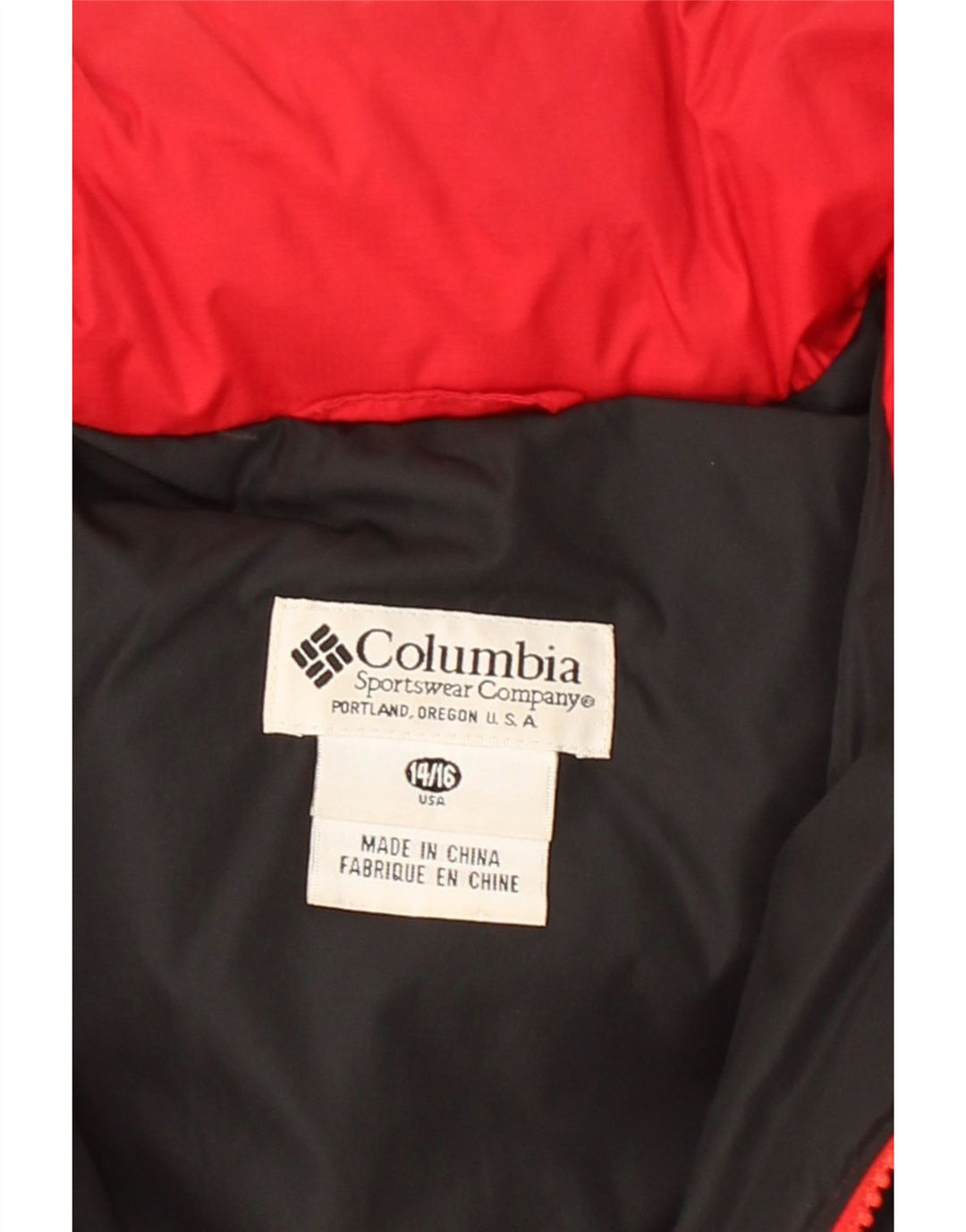 COLUMBIA Boys Padded Jacket 14-15 Years Red Colourblock Nylon Vintage Columbia and Second-Hand Columbia from Messina Hembry 