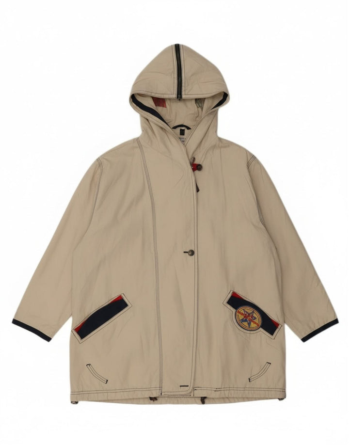 Giacca antipioggia oversize con cappuccio da donna vintage UK 8 piccola in poliestere bianco sporco