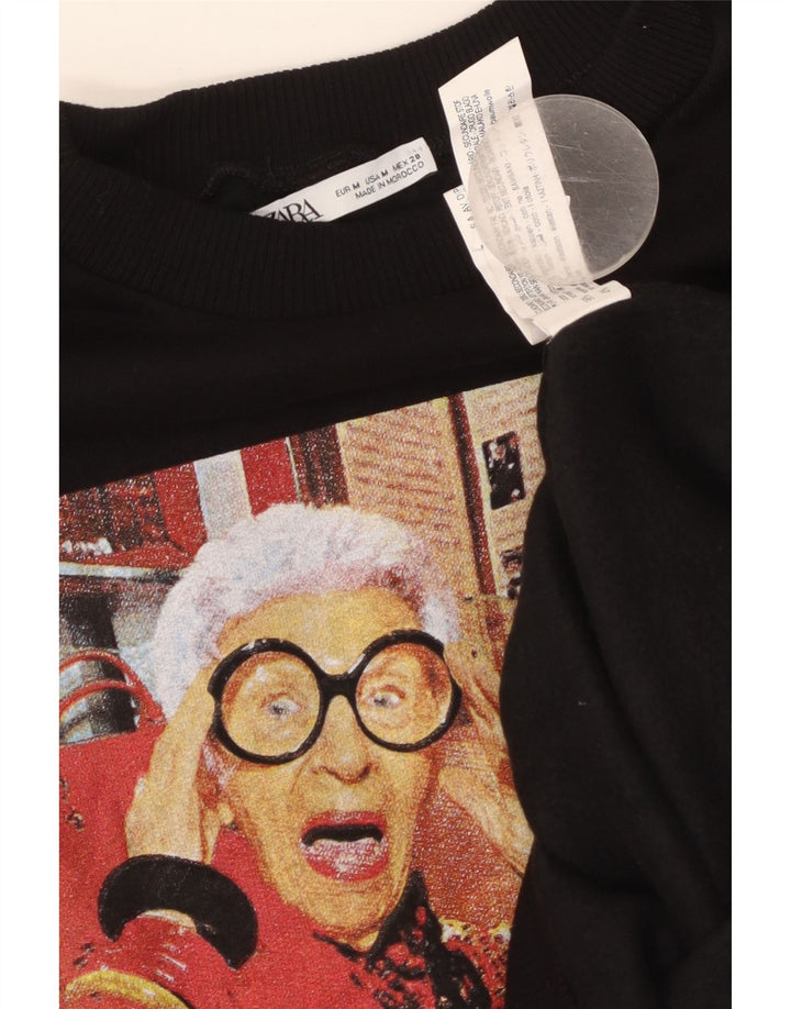 Felpa con grafica ZARA da donna, maglione UK 14, cotone nero medio