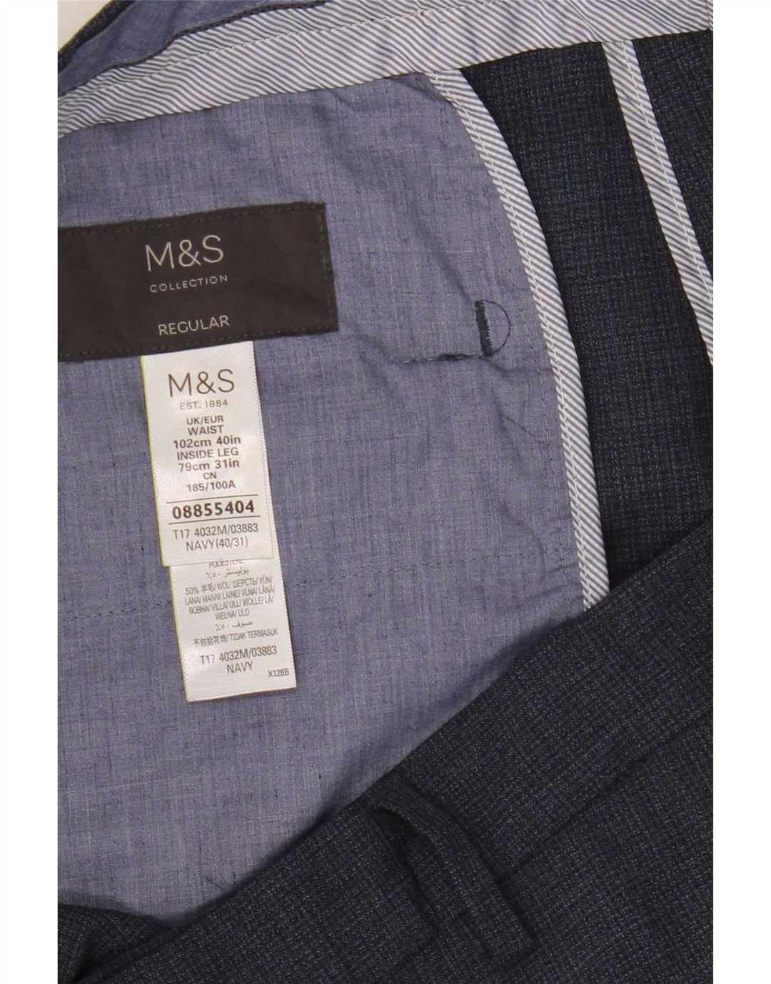 Pantaloni da abito regolari dritti Marks & Spencer da uomo W40 L31 Blu Navy