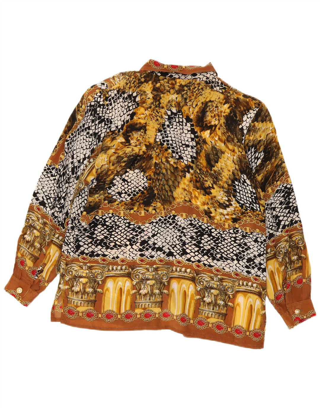 Camicetta camicia da donna con motivo astratto di Linda UK 18 XL seta marrone