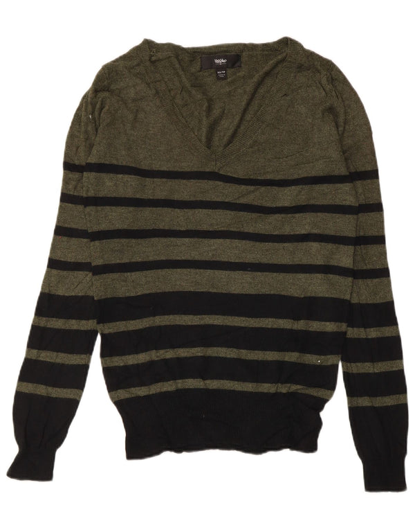 MOSSIMO Maglione da donna con scollo a V UK 6 XS Nylon a righe kaki