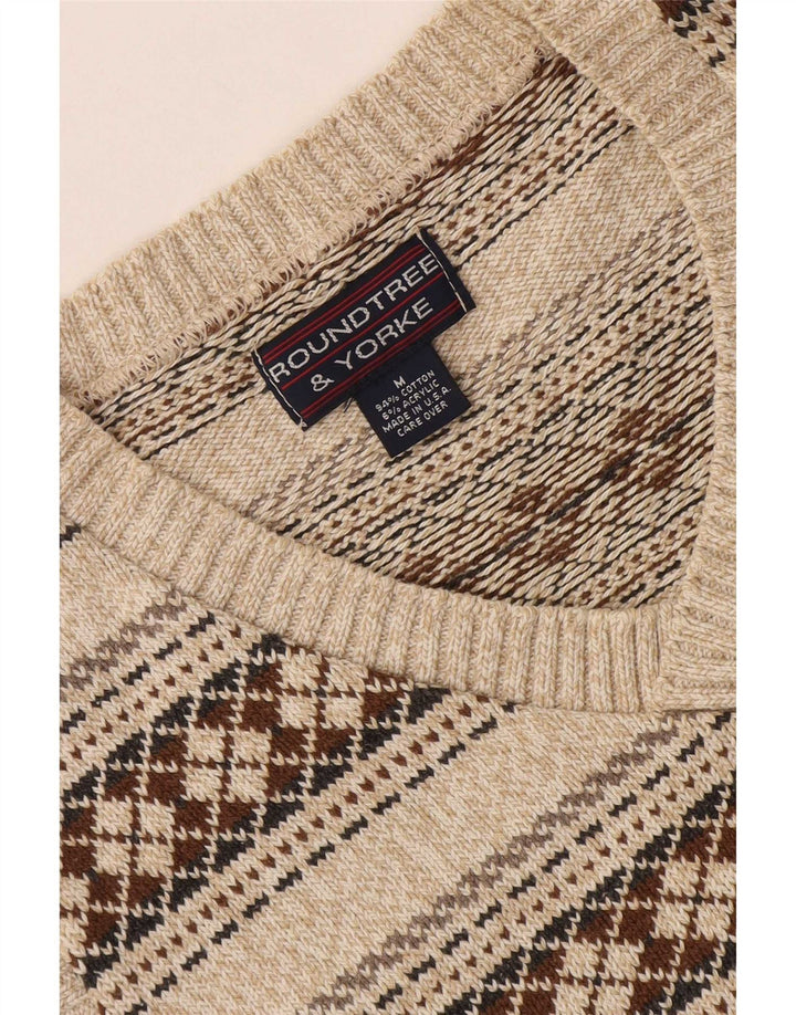 Maglione da uomo con scollo a V Roundtree & Yorke in cotone geometrico beige medio