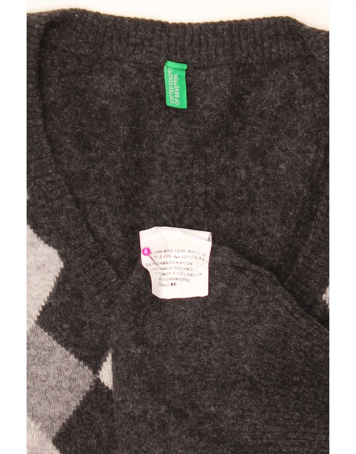 Maglione da uomo con scollo a V Benetton XL grigio a rombi/lana diamante