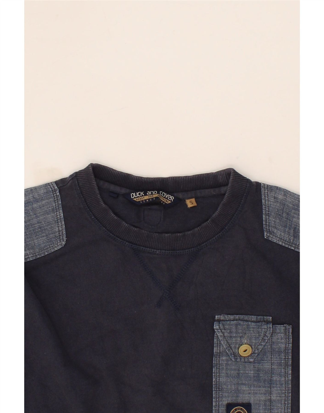 DUCK AND COVER Mens Sweatshirt Jumper Small Navy Blue Cotton Vintage Duck And Cover and Second-Hand Duck And Cover from Messina Hembry 