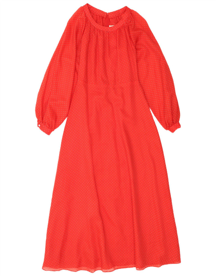 Abito lungo da donna vintage a maniche lunghe UK 12 Poliestere maculato rosso medio