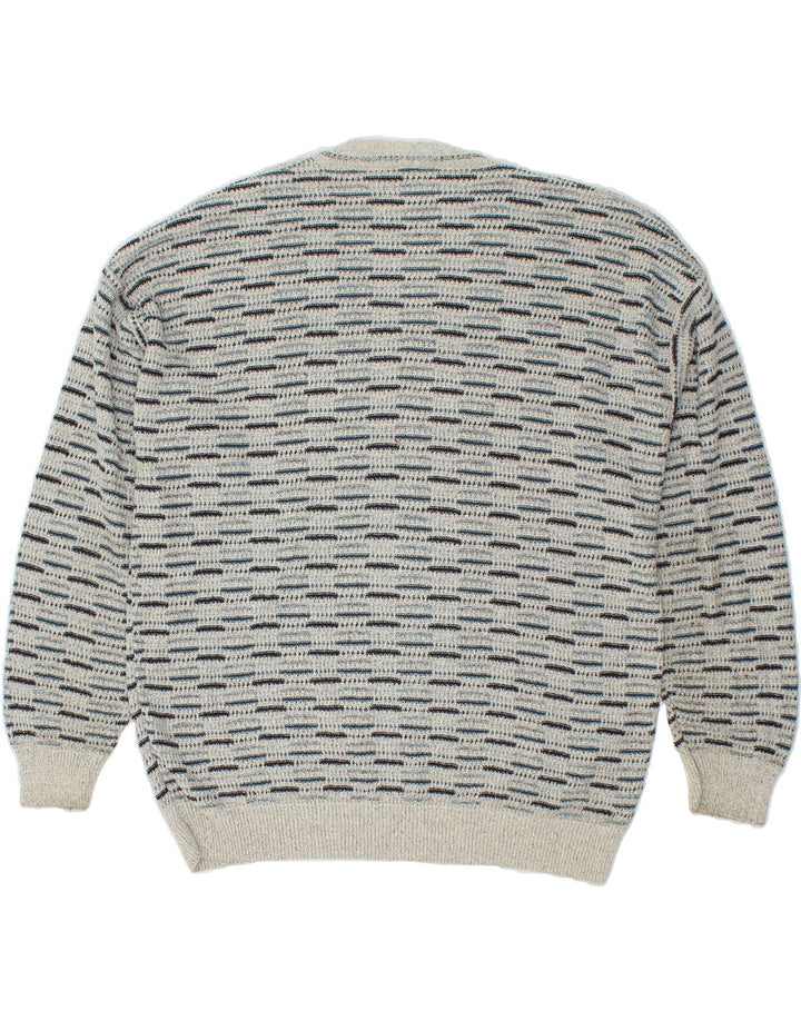 MONELLO Mens V-Neck Jumper Sweater XL Grey Striped Vintage Monello and Second-Hand Monello from Messina Hembry 