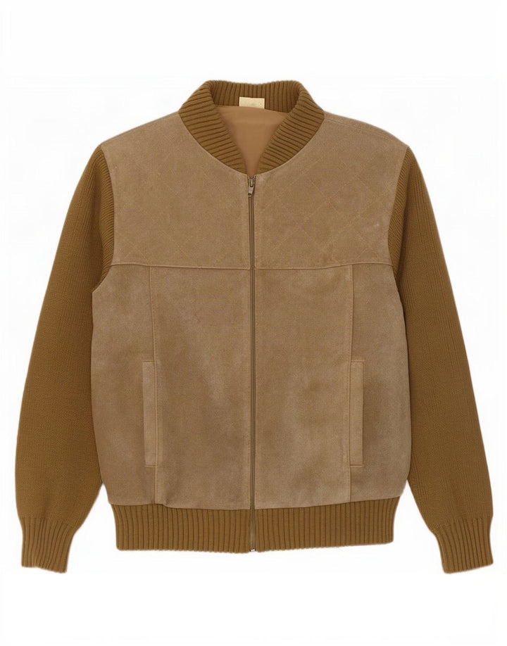 Giubbotto bomber vintage in pelle scamosciata da donna EU 50 XL Beige poliacrilico color block