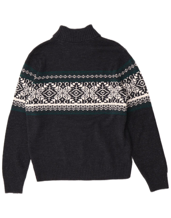 Canda Mens Roll Neck Jumper Sweater Medium Navy Blue Fair Isle Acrylic