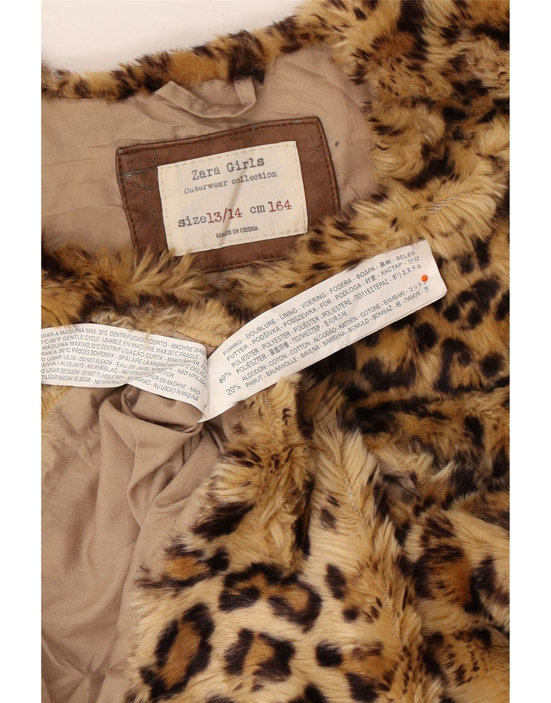 ZARA Gilet Bambina in Pelliccia Sintetica 13-14 Anni Marrone Poliestere Stampa Animalier