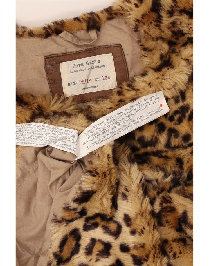 ZARA Gilet Bambina in Pelliccia Sintetica 13-14 Anni Marrone Poliestere Stampa Animalier