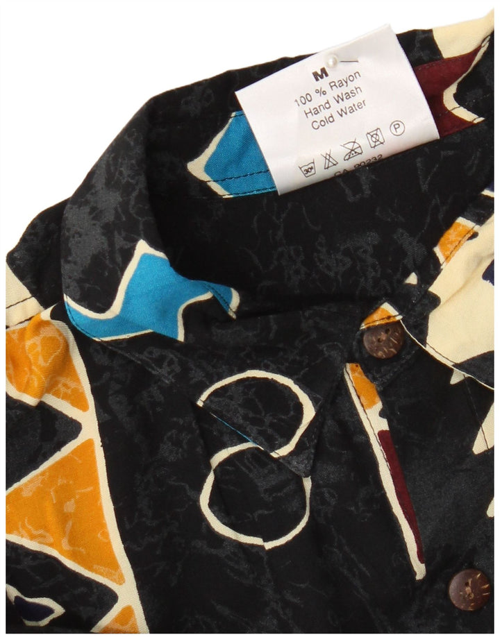 Camicia vintage da uomo a maniche corte in rayon geometrico nero medio