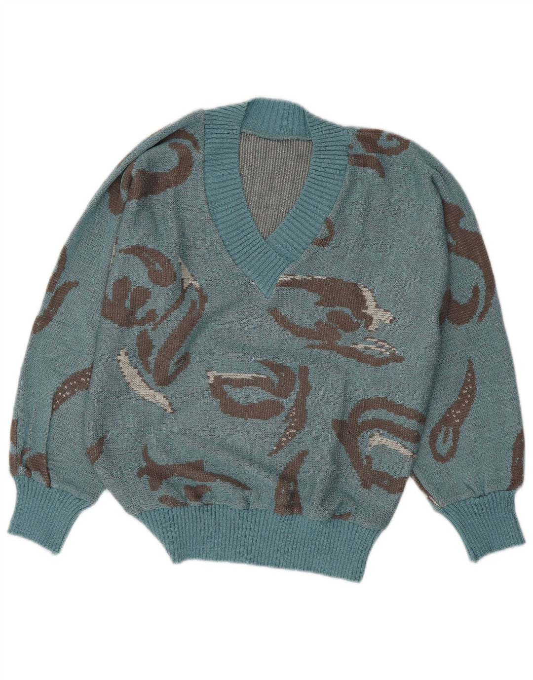 Maglione da donna VINTAGE con motivo astratto con scollo a V UK 16 grande blu