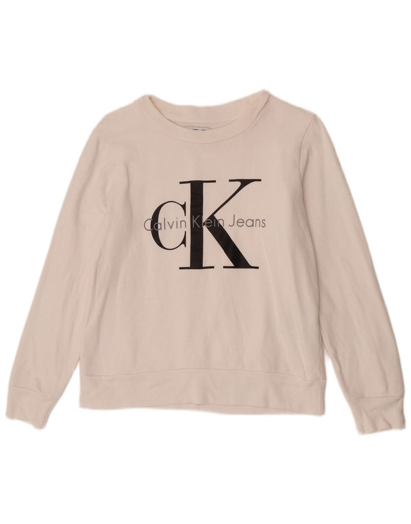 Felpa grafica da donna Calvin Klein Jeans Maglione UK 10 Small Bianco