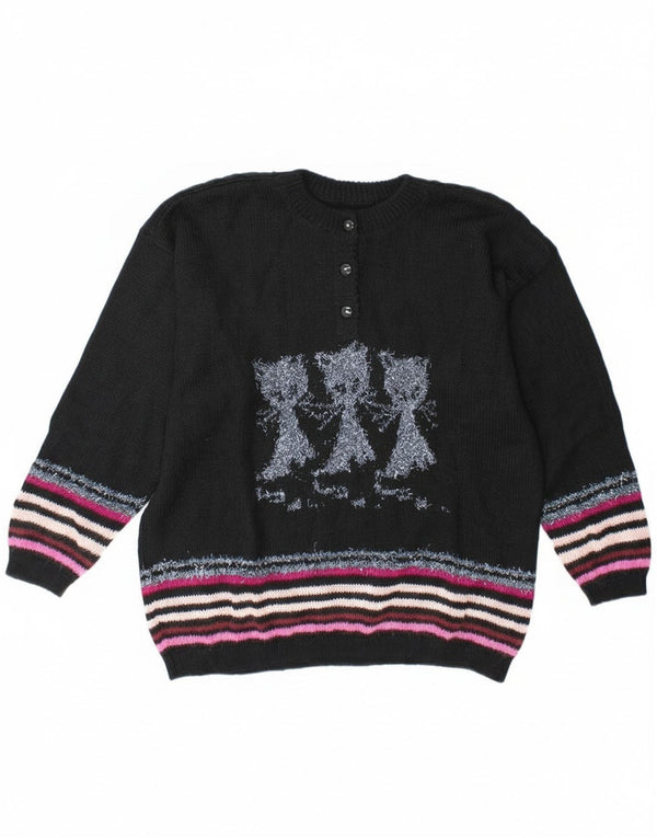 Maglione vintage da donna con collo con bottoni grafici e maglione UK 14 a righe nere grandi