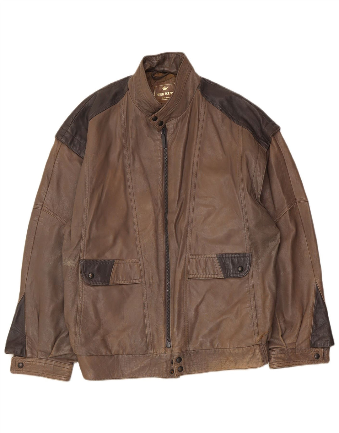 Giacca in pelle vintage da uomo IT 48 in pelle color block marrone medio