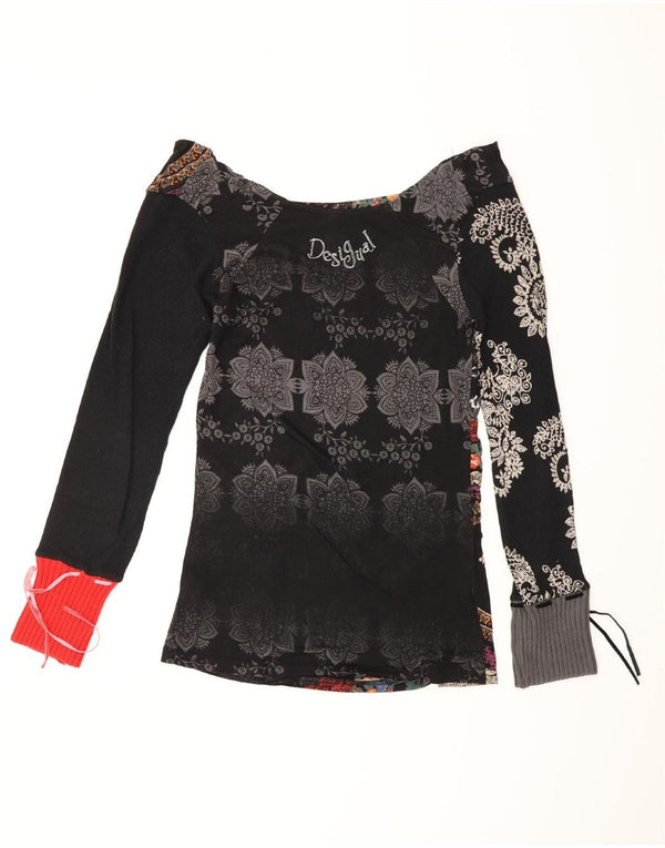 DESIGUAL Womens Graphic Top Long Sleeve UK 12 Medium Black Floral Cotton
