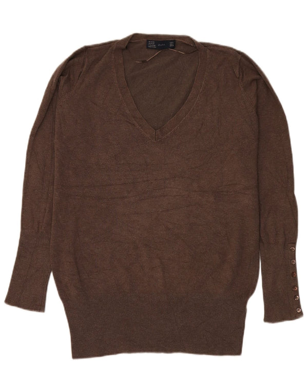 Maglione Zara da donna con scollo a V UK 14 Large Rayon marrone