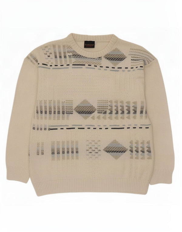 Maglione da uomo con scollo a barca islandese, acrilico geometrico bianco sporco medio