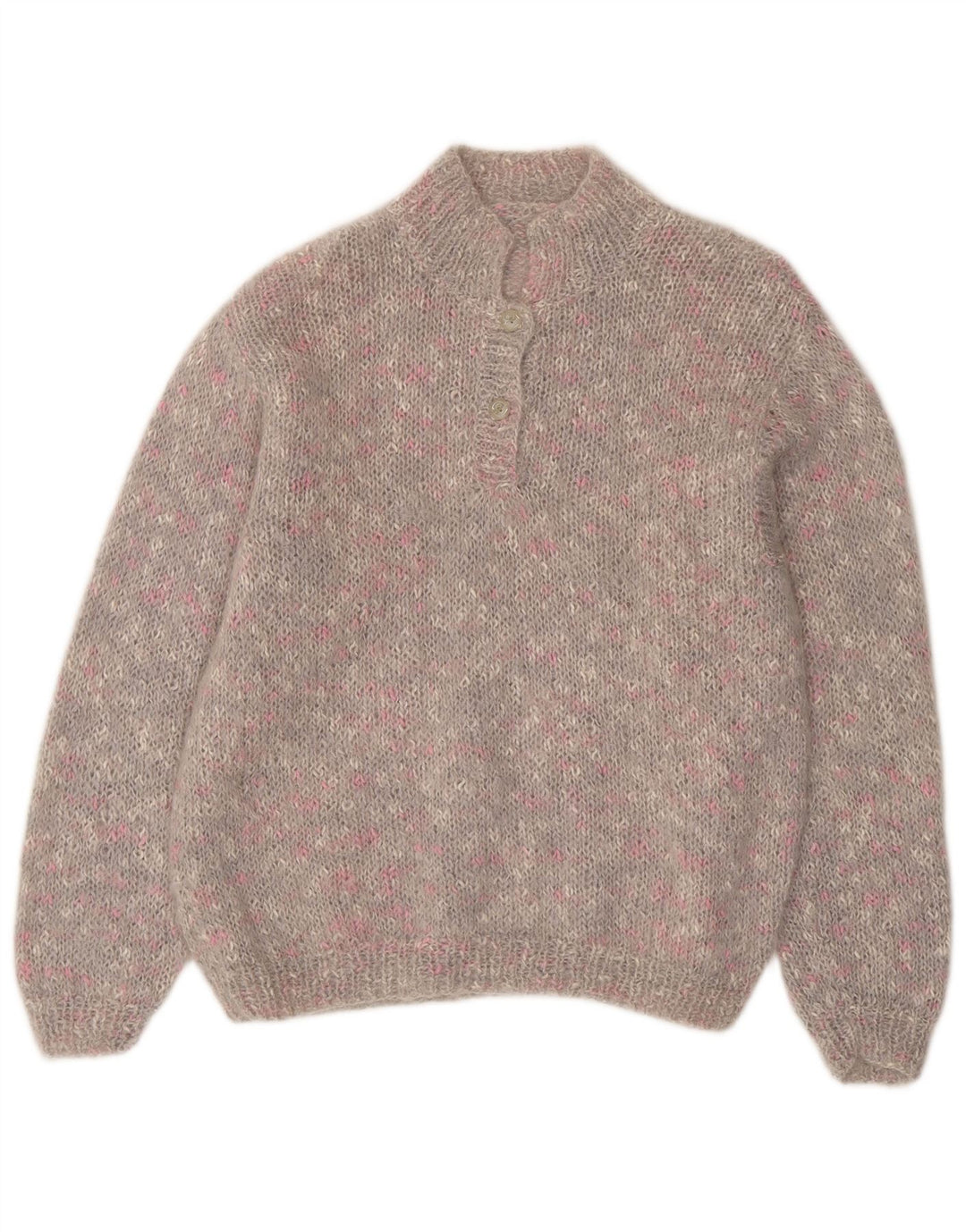 Maglione da donna VINTAGE con collo a bottoni UK 14 Grande grigio screziato