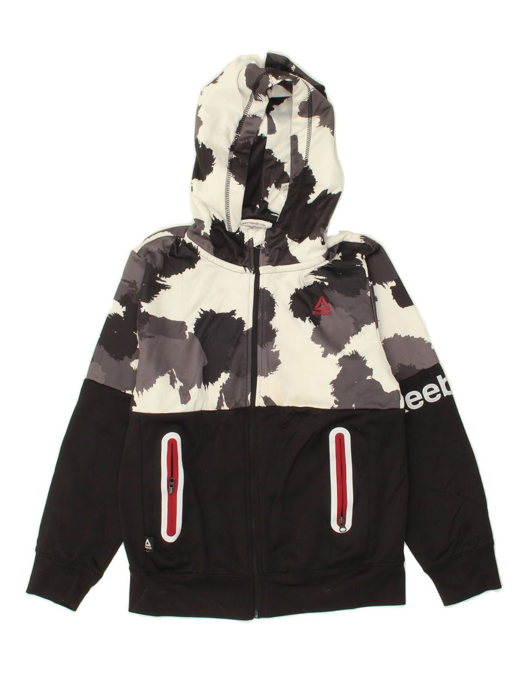 REEBOK Boys Graphic Zip Hoodie Sweater 8-9 Years Medium Black Colourblock Vintage Reebok and Second-Hand Reebok from Messina Hembry 