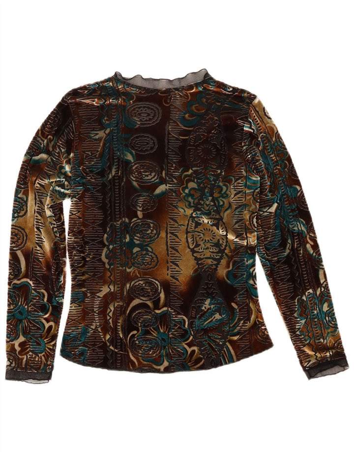 Top vintage in velluto da donna a maniche lunghe UK 6 XS multicolore floreale